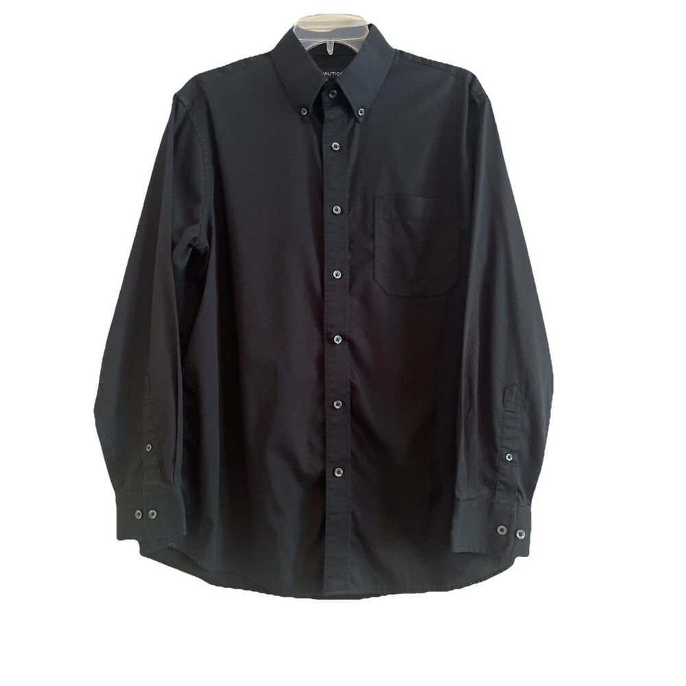 Nautica Shirt Men L 16 (32/33) Black Button Up Long Sleeve Solid Classic Style